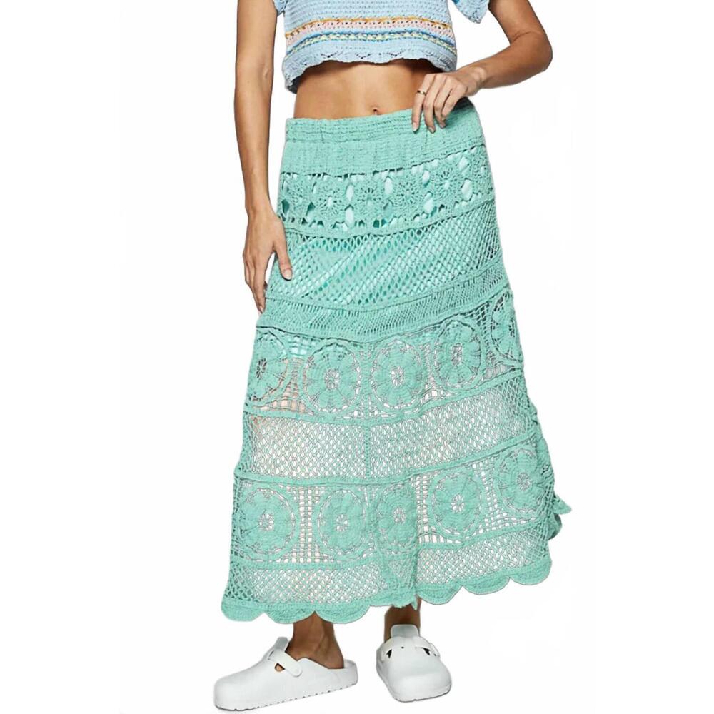 NEW POL lace tiered midi skirt in turquoise